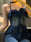 Vevesc  Sexy Gyaru Denim Tanks Halter Ruffles Patchwork Solid Color Pleated Irregular Sleeveless Tops Female Slim Summer Women Clothing