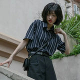 Vevesc Vintage Striped Blouses Women Summer Harajuku Short Sleeve Loose Shirts Office Lady Retro Elegant All Match Thin Coat Tops