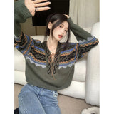 Vevesc Vintage Sweater Women Patchwork Bandage Knitted Pullovers Streetwear V Neck Lace Up Knitwear Harajuku Loose Casual Jumpers