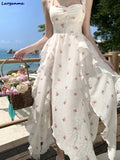 Print Sleeveless Backless Ruffles Slip Women Clothing Fashion Elegant Floral Sweet Irregular Fairy Dress Holiday Beach Dresses