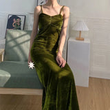 Vevesc French Retro Literary Green Velvet Suspender Dress Women Ol Temperament Elegant Sleeveless Dress Korean Summer Spring Long Dress