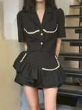 Vevesc Black Sexy Vintage Two Piece Set Women Korean Fashion Elegant Party Mini Skirt Set Female Button Casual Retro Skirt Suit