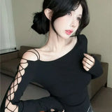 Vevesc American Off The Shoulder Cross Lace Design Korean T Shirts Y2k Aesthetic Slim High Street Base  French Tops Punk Casual Clothes
