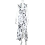 Vevesc  Polka Dot Floral Long Dress Women Fashion Sleeveless Neck Slit Spring Party Evening Dress Female High Waist Dress 2025