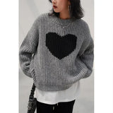 Vevesc O Neck Heart Print Gray Women Sueter Mujer Streetwear Knitted Oversize Y2k Tops Pullover Sweaters Long Sleeve American Vintage