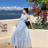 Vevesc Summer Blue Plaid Maxi Women Dress Slim Backless Party Vacation Long Dress Female New Elegant Chic Prom Lady Chiffon Dress