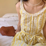 Vevesc  French Floral Print Sleeveless Dress Women Spliced Lace Bandage Waist A-line Long Dresses Summer Fairy Sweet Beach Robe