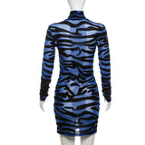 Vevesc Turtleneck Long Sleeve Mini Dress See Through Mesh Zebra Stripe Sexy Fall Dresses For Women Club Nightwear Dinner