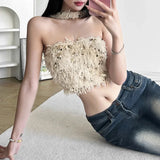 Vevesc Solid Color Woolen Grass Sequins Fashionable Avant-garde All-match Sexy Cool High Street Women's Autumn Halter Vest Crop Top