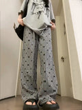 Vevesc Streetwear Plaid Bow Print Femme Vintage Wide Leg Pants Women Y2k Aesthetic Drawstring Trousers Harajuku Loose Summer Bottoms