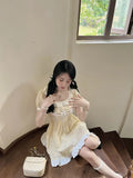 Vevesc Cute Kawaii Fairy Mini Yellow Dress Women Japanese Y2k Ruffles Puff Sleeve Tunic School Dresses Sweet Lolita Vestidos