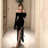 Vevesc  Sexy Slash Neck Long Sleeve Party Dress Women Temperament Waist Slim Split Irregular Evening Long Dresses Elegant Robe