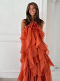 Vevesc  Cascading Ruffle Dress Women Sexy Backless Sleeveless Halter Long Female Beach Dresses 2025 Summer Holidays Beach Lady Robes