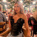 Vevesc PU Leather Black Sexy Tops Women Club Wear Strapless Low Cut Busiter Asymmetrical Ruched Backless Tube Top