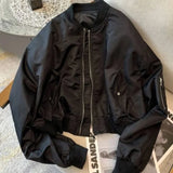 Vevesc Vintage Cropped Women's Bomber Jacket Oversized Korean Streetwear Zipper Fashion Track Short Jackets Black Autumn Winte