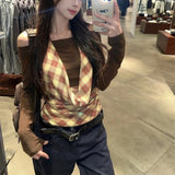 Vevesc Elegant Korean Moda Popular Slash Neck Fake Two Piece  Y2k Aesthetic Halter Constrast Color Plaid Loose Design Tops Harajuku Tee