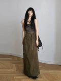 Vevesc Women brown Gothic A-line Long Skirt Vintage Y2k Skirt Harajuku Korean Streetwear Skirts 2000s Goth Clothes Summer