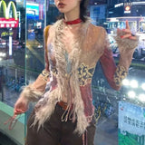 Vevesc Grunge Y2k Vintage Shirt Women Harajuku Japanese Mesh Tops Gothic Print Blouses Retro Streetwear 2000s Shirt Aesthetics