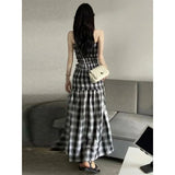 Vevesc Vintage Plaid Dress Women Sexy Slit Strapless Irregular A Line Midi Dresses Korean Split Slash Neck Slim Sundress Vestidos