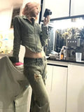 Vevesc Zipper Denim Outerwear Vintage American Crop Tops Slim Coats Y2k Streetwear Washed Distressed High Waist Jackets Women Fashion