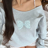 Vevesc Embroidery Off Shoulder Long Sleeve Pullovers Fall Casual Baggy Tops Women's Loose Sweatshirts Y2k Vintage O Neck Hoodies