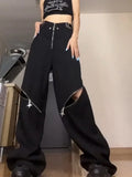 Vevesc Streetwear Cargo Pants Women Y2k Baggy Techwear Wide Leg Trousers Sexy High Waisted Hollow Out Gray Black Pantalones Mujer