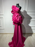 Vevesc Fuchsia One Shoulder Crystal Embellished Mini Dresses With Side Bow Overlay Real Image Puff Sleeves Formal Party Dress