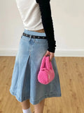 Vevesc Y2k Streetwear Denim Pleated Skirt Women Vintage Low Waist A-line Distressed Knee-lenght Jeans Skirt Japanese Fashion