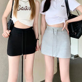 Vevesc Streetwear Grey A Line Skirts Women High Waist Sweat Mini Skirt Korean Fashion Black Drawstring Slim Casual Sports Skirts