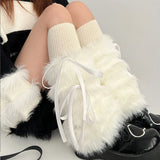 Vevesc Kawaii Bow Knot Leg Warmers Thickened Imitation Rabbit Fur Women Leggings Boots Cover Lolita Punk Harajuku Party Accessories