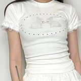 Vevesc Y2k Aesthetics Cartoon T-shirt Kawaii Cute Lace Patchwork Fairy Grunge Slim Fit Tshirt Fairycore Harajuku Floral Printing Tops