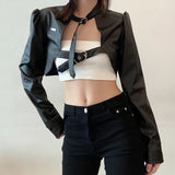 Vevesc Streetwear Punk Style Buckles Black PU Leather Jacket Women Spring Autumn Smock Cropped Coat Cardigan Fashion Outfits