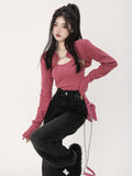 Vevesc  Y2K Korean Fashion Pink Cropped Sweater Women Harajuku Sexy Slim Knitted Jumper Vintage Casual Cardigan+Vest Set Tops