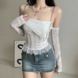 Vevesc Fashion Sexy Off Shoulder Long Sleeve T-shirts 2024 Summer New Camisole Tops Women Y2k Slim Fit Lace Patchwork Blusas Mujer