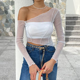 Vevesc Solid Color Sparkly Hollow Mesh Slant Shoulder Irregular Collar Sexy Women Crop Top