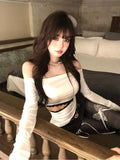 Vevesc Hollow Out Lace Patchwork Tshirts Y2k Aesthetic Slash Neck Grunge T-shirt Harajuku Autumn Irregular Vintage Tops Streetwear
