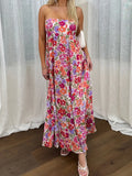 Vevesc  Elegant Off-Shoulder Maxi Dress with Boho Floral Print and Lace-Up Back Detail for Summer Wedding Party or Vacation Beachwear