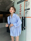Vevesc Off Shoulder Blue Striped Long Sleeve Women Chemise Femme Chic High Street Blouse Oversize Hollow Out Shirts Turn Down Collar