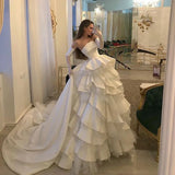 Vevesc Bohemia Satin Wedding Dresses Off Shoulder Princess Bridal Gowns Puffy Tiered Ruffles Ball Bride Dress Plus Size