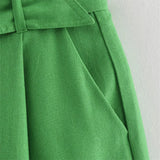 Vevesc  In the autumn of 2025, the new women's fashion is slim and slim, and the linen-like simple suit & linen-like shorts with belts.