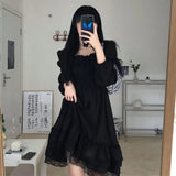 Vevesc 2024 Spring New Ruffles Lace Black Dresses Elegant Square Collar Dress for Women Y2k E-Girl Long Sleeve Loose Vestidos Mujer