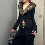 Vevesc Japanese Leopard Knitted Cardigan Sexy Vintage Y2k V-neck Sweaters Long Sleeve Autumn Winter Streetwear Slim Cardigan