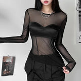 Vevesc Black Tight Sexy Perspective Hot All-match Casual High Elastic Soft Breathable Women's Thin Autumn And Winter Base Shirt