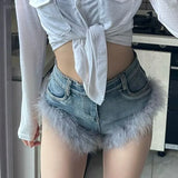 Vevesc American Sexy Feather Patchwork Jeansfor Women Y2k E-Girl High Waist Bodycon Denim Shorts 2024 Spring New Blue Ropa Mujer