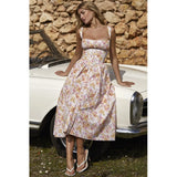 Vevesc Summer Elegant Floral Print Midi Holiday Dress with Pocket Yellow Back Lace Up Party Dresses Casual Women Dress