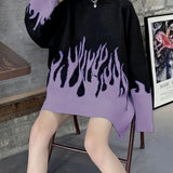 Vevesc Gothic Streetwear Purple Fire Printed Knitted Sweater Women Harajuku Hippie Vintage O-Neck Oversize Long Sleeve Jumper