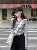 Vevesc Letter Print Vintage Women Crop Tops T-shirt Y2k Aesthetic Casual Contrast Color Patchwork Slim Tshirts Harajuku Grunge Shirts