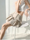 Vevesc Korean Fashion Khaki Pleated Skirt Lace Trim Women Preppy Style Button Up High Waist Cute Sexy Summer Kawaii Mini Skirt