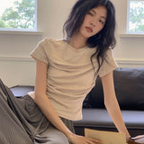 Vevesc Fairy Grunge Pleated Solid Vintage T-shirt Summer Y2k Aesthetic Short Sleeve Crop Tops Harajuku Slim Tshirt New Streetwear