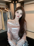 Vevesc Off Shoulder Long Sleeve Pink Tops Mujer Early Autumn New T-shirts for Women Y2k Slim Fit Drawstring Ruched Tee Shirt